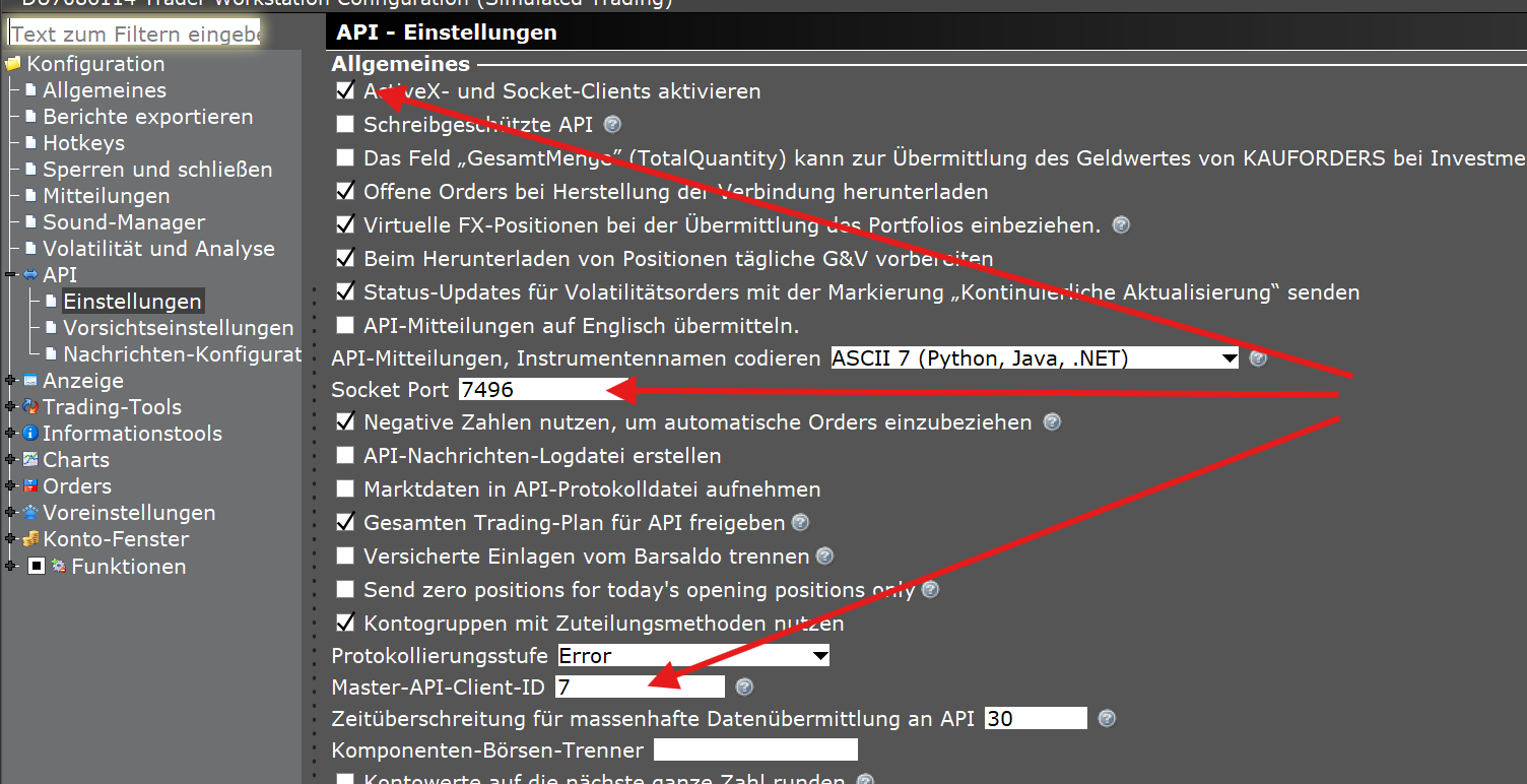 TWS API-Einstellungen – Socket-Port und Client-ID
